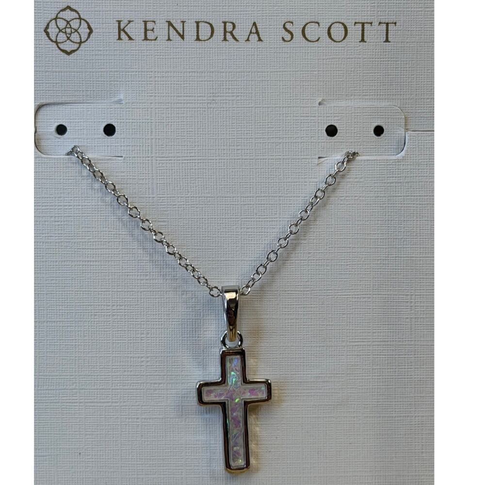 Kendra Scott Cross Silver Pendant Necklace White Lab Grown Opal